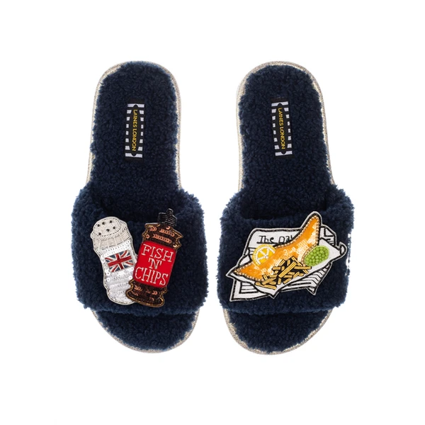 laines london Teddy Towelling Slipper Sliders With Fish Chips & Salt & Vinegar Brooches