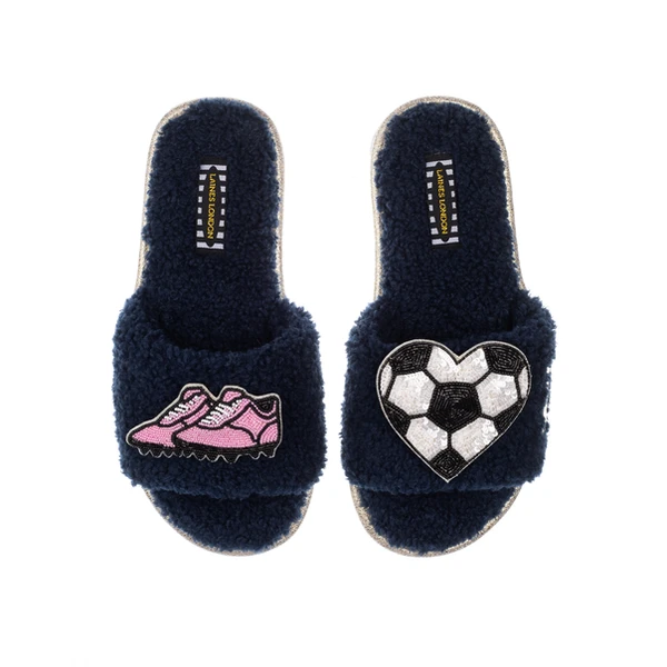 Laines London Teddy Towelling Slipper Sliders With Football / Soccer Lover Brooches