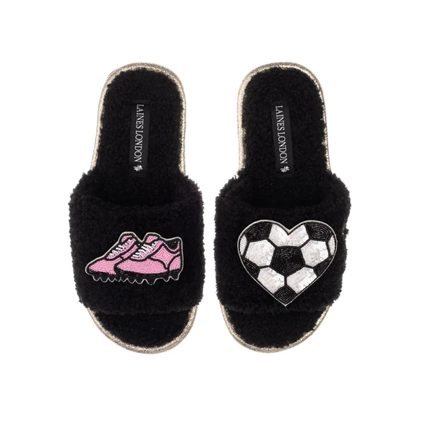 Laines London Teddy Towelling Slipper Sliders With Football / Soccer Lover Brooches