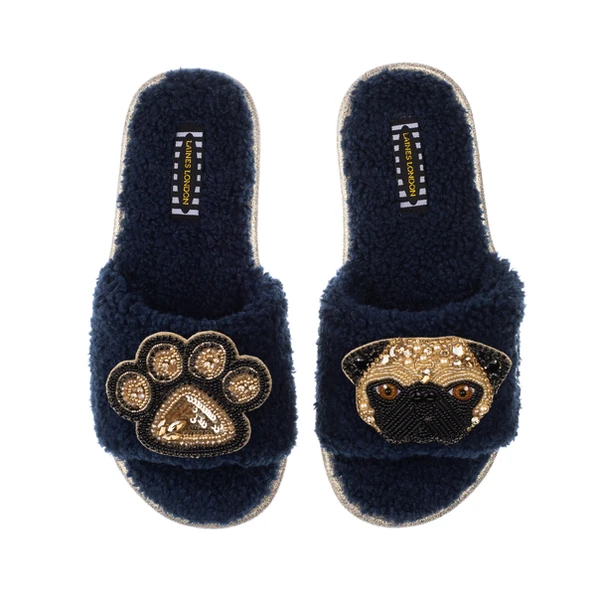 Laines London Teddy Towelling Slipper Sliders With Franki Pug & Paw Brooches