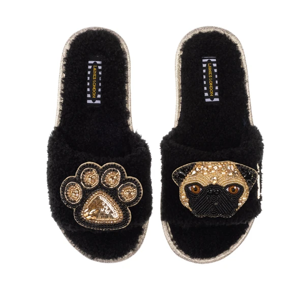 laines london Teddy Towelling Slipper Sliders With Franki Pug & Paw Brooches
