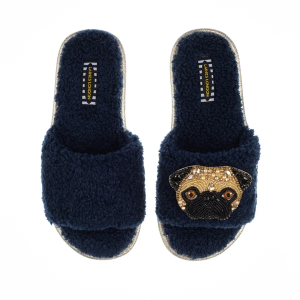 Laines London Teddy Towelling Slipper Sliders With Franki The Fawn Pug Brooch