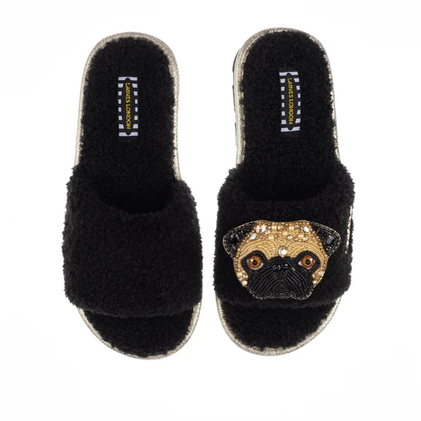 Laines London Teddy Towelling Slipper Sliders With Franki The Fawn Pug Brooch