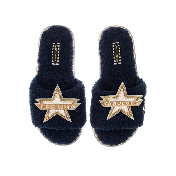 Laines London Teddy Towelling Slipper Sliders With Fucking Fabulous Brooches