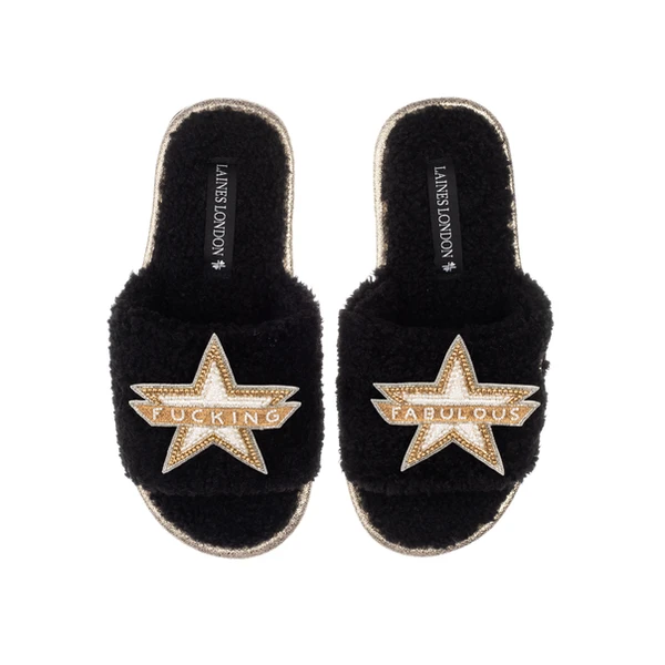 laines london Teddy Towelling Slipper Sliders With Fucking Fabulous Brooches