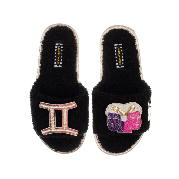Laines London Teddy Towelling Slipper Sliders With Gemini Zodiac Brooches