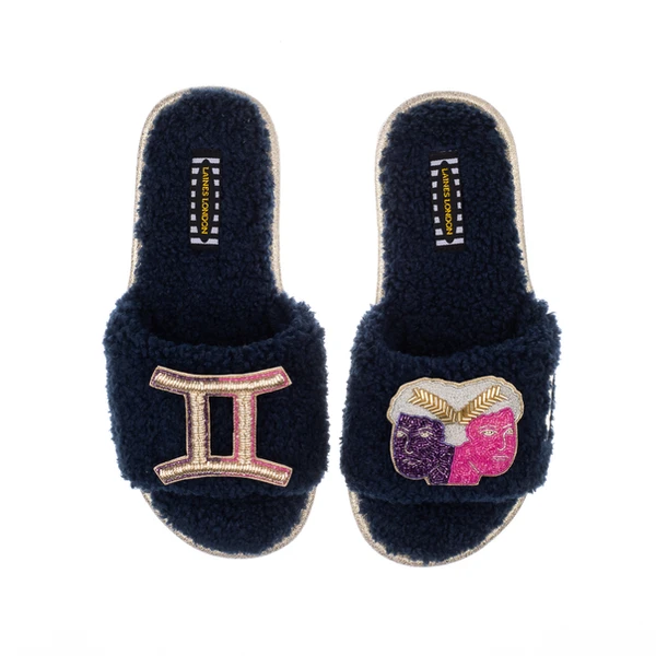 Laines London Teddy Towelling Slipper Sliders With Gemini Zodiac Brooches
