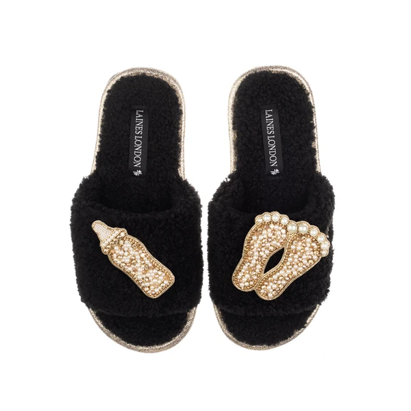Laines London Teddy Towelling Slipper Sliders With Gold New Baby Brooches