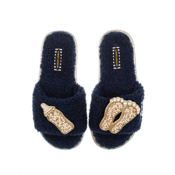 Laines London Teddy Towelling Slipper Sliders With Gold New Baby Brooches