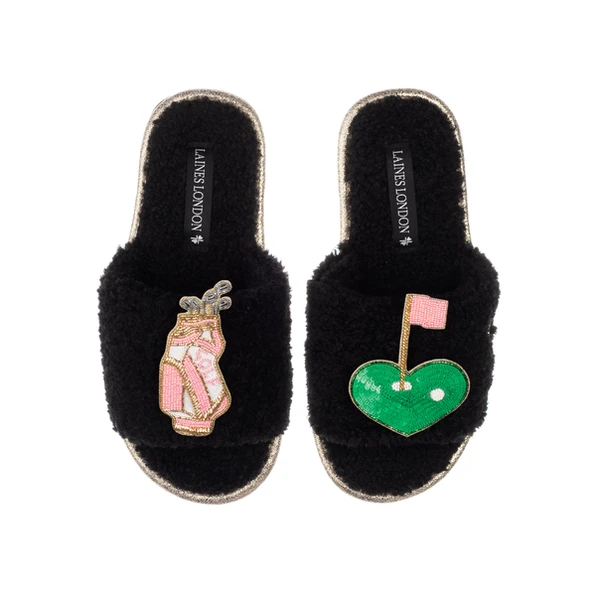 Laines London Teddy Towelling Slipper Sliders With Golfer Brooches