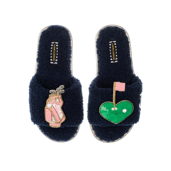 laines london Teddy Towelling Slipper Sliders With Golfer Brooches