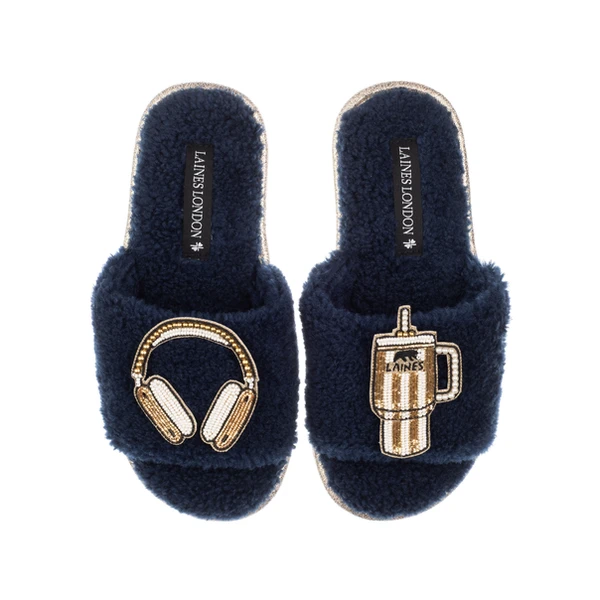Laines London Teddy Towelling Slipper Sliders With Headphones & Quencher Brooches