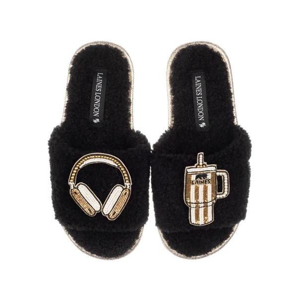 laines london Teddy Towelling Slipper Sliders With Headphones & Quencher Brooches