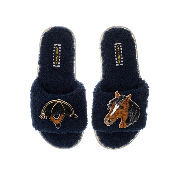 Laines London Teddy Towelling Slipper Sliders With Horse & Riding Hat Brooches