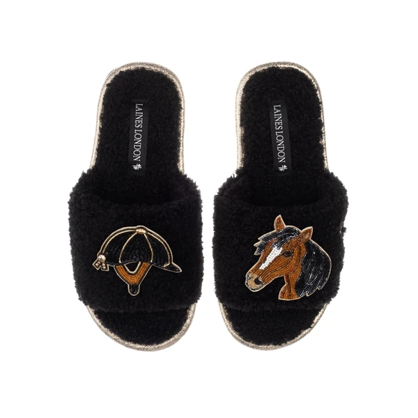 laines london Teddy Towelling Slipper Sliders With Horse & Riding Hat Brooches