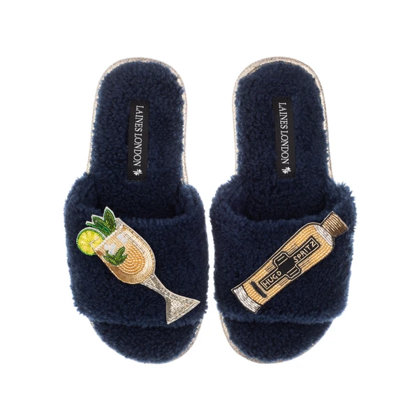 Laines London Teddy Towelling Slipper Sliders With Hugo Spritz Brooches