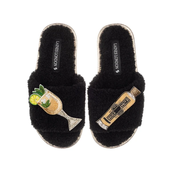 Laines London Teddy Towelling Slipper Sliders With Hugo Spritz Brooches