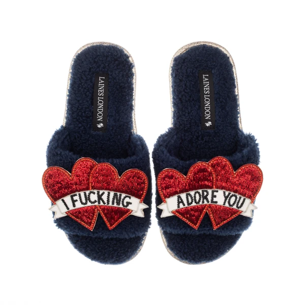 Laines London Teddy Towelling Slipper Sliders With I Fucking Adore You Brooches