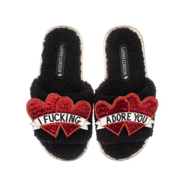 laines london Teddy Towelling Slipper Sliders With I Fucking Adore You Brooches