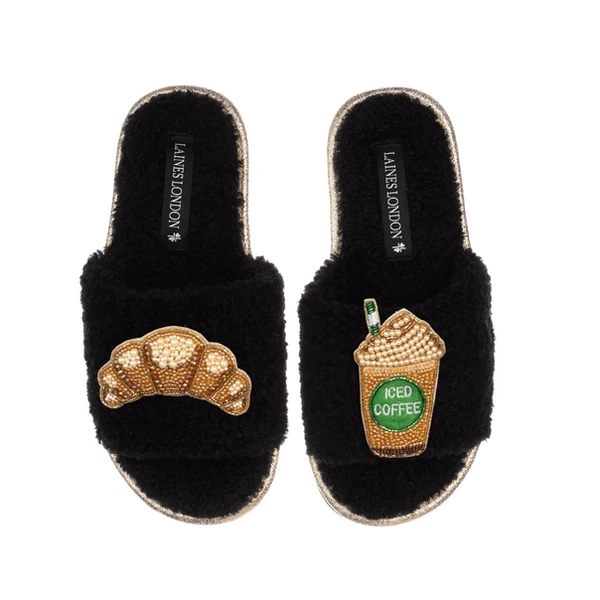 Laines London Teddy Towelling Slipper Sliders With Iced Coffee & Croissant Brooches