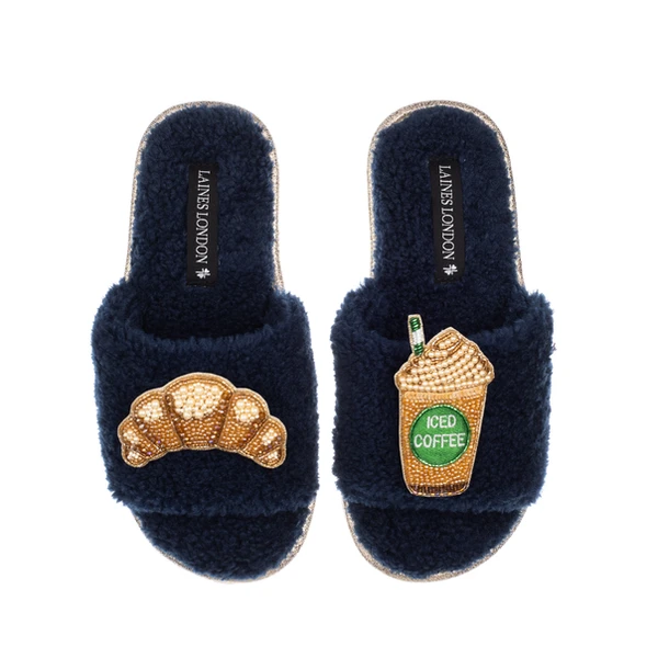 laines london Teddy Towelling Slipper Sliders With Iced Coffee & Croissant Brooches