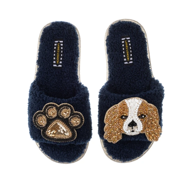 Laines London Teddy Towelling Slipper Sliders With Lady & Paw Brooches