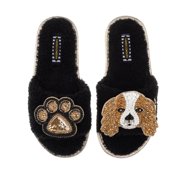 laines london Teddy Towelling Slipper Sliders With Lady & Paw Brooches