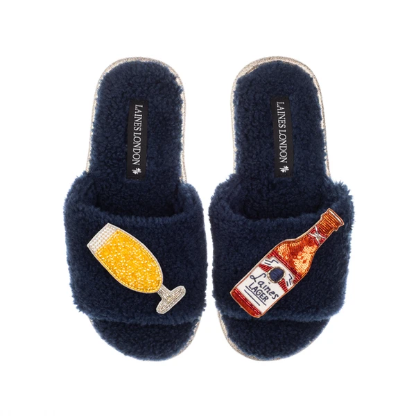 Laines London Teddy Towelling Slipper Sliders With Laines American Lager Brooches