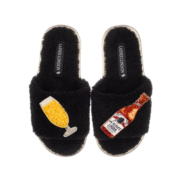 laines london Teddy Towelling Slipper Sliders With Laines American Lager Brooches
