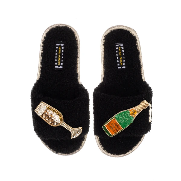 Laines London Teddy Towelling Slipper Sliders With Laines Champers Brooches