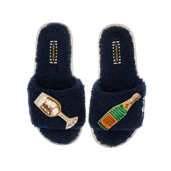 Laines London Teddy Towelling Slipper Sliders With Laines Champers Brooches