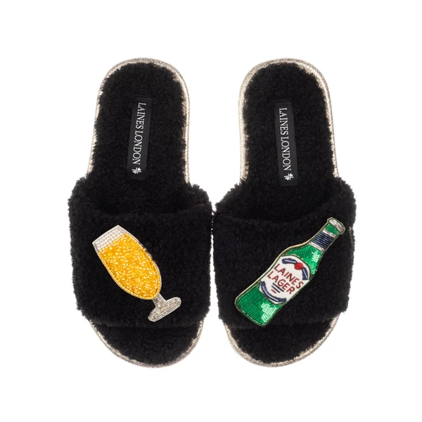 Laines London Teddy Towelling Slipper Sliders With Laines Italian Lager Brooches