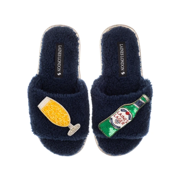 laines london Teddy Towelling Slipper Sliders With Laines Italian Lager Brooches