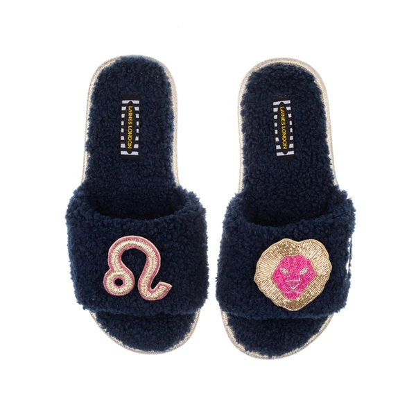 Laines London Teddy Towelling Slipper Sliders With Leo Zodiac Brooches