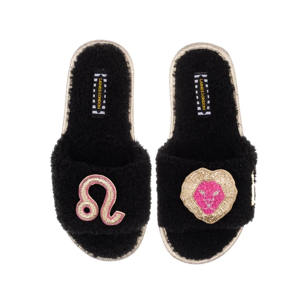 laines london Teddy Towelling Slipper Sliders With Leo Zodiac Brooches