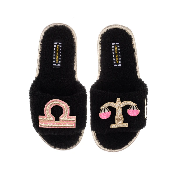 Laines London Teddy Towelling Slipper Sliders With Libra Zodiac Brooches