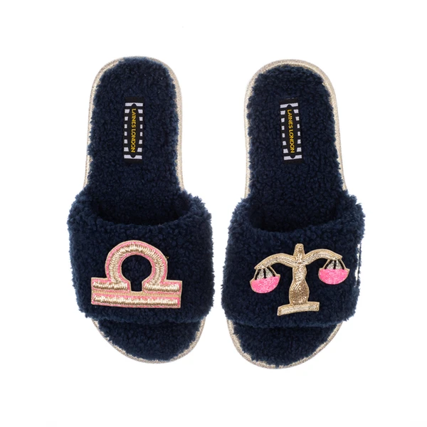 laines london Teddy Towelling Slipper Sliders With Libra Zodiac Brooches