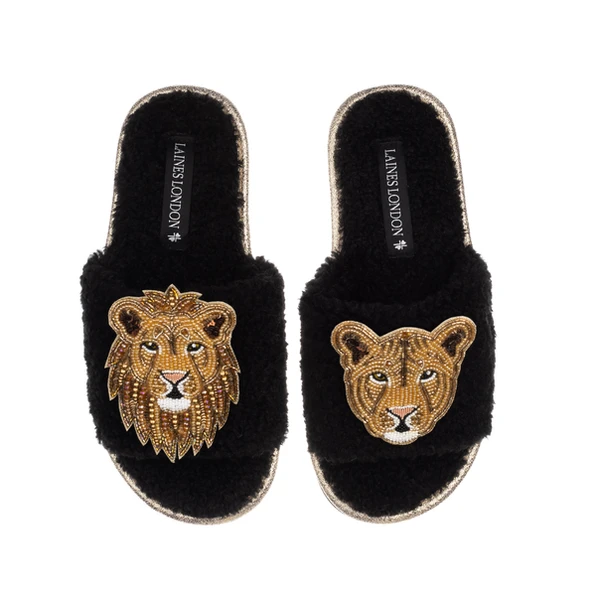 Laines London Teddy Towelling Slipper Sliders With Lion & Lioness Brooches