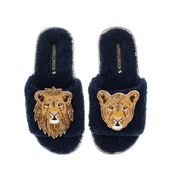 laines london Teddy Towelling Slipper Sliders With Lion & Lioness Brooches