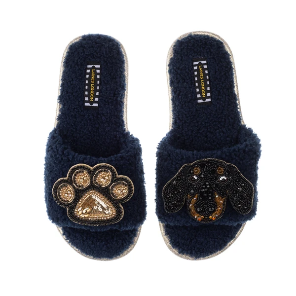 Laines London Teddy Towelling Slipper Sliders With Little Sausage & Paw Brooches