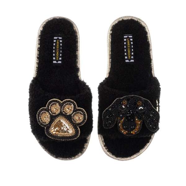 laines london Teddy Towelling Slipper Sliders With Little Sausage & Paw Brooches