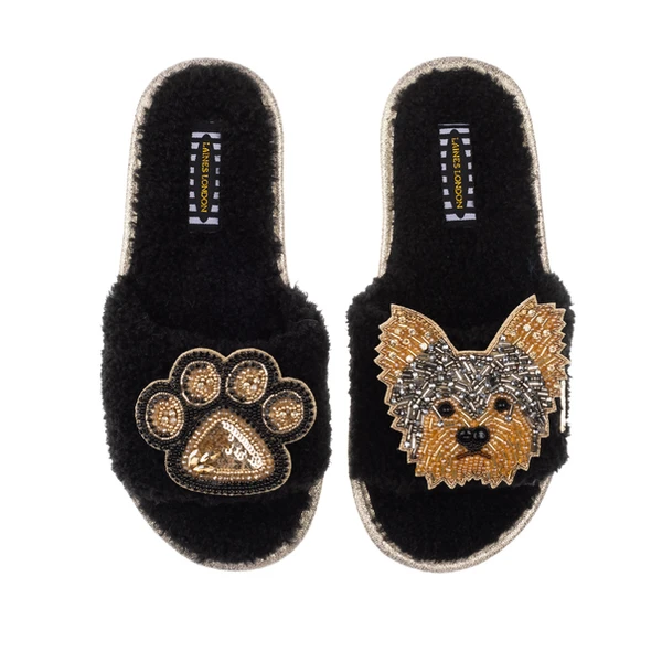 Laines London Teddy Towelling Slipper Sliders With Minnie & Paw Brooches