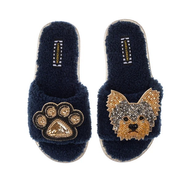 Laines London Teddy Towelling Slipper Sliders With Minnie & Paw Brooches