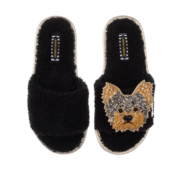 Laines London Teddy Towelling Slipper Sliders With Minnie The Yorkie Brooch