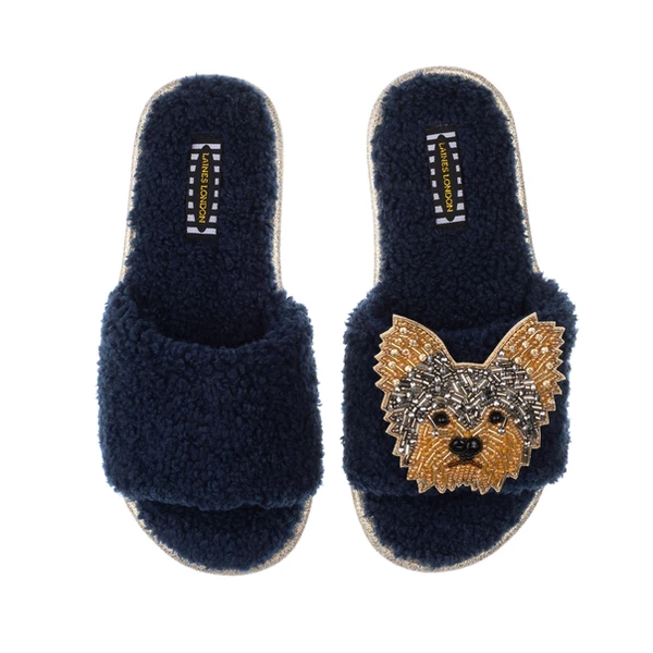 laines london Teddy Towelling Slipper Sliders With Minnie The Yorkie Brooch