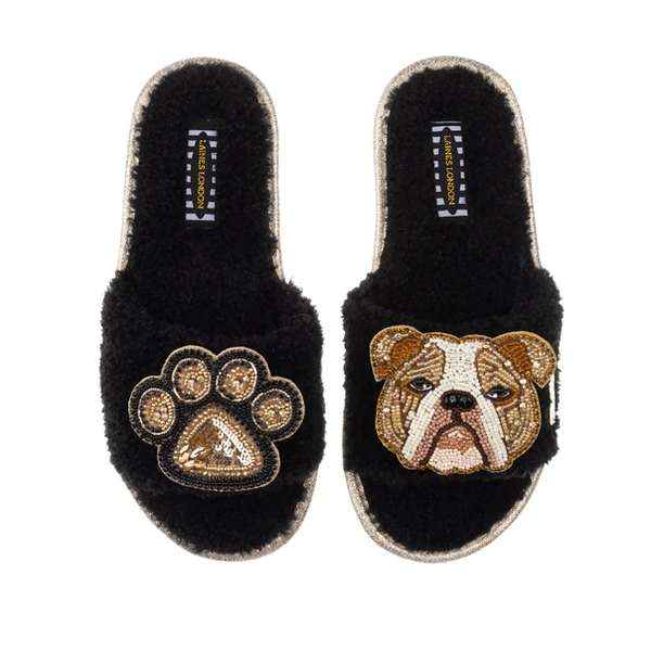 Laines London Teddy Towelling Slipper Sliders With Mr Beefy & Paw Brooches