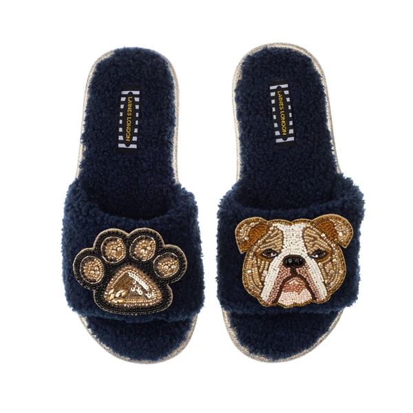 Laines London Teddy Towelling Slipper Sliders With Mr Beefy & Paw Brooches