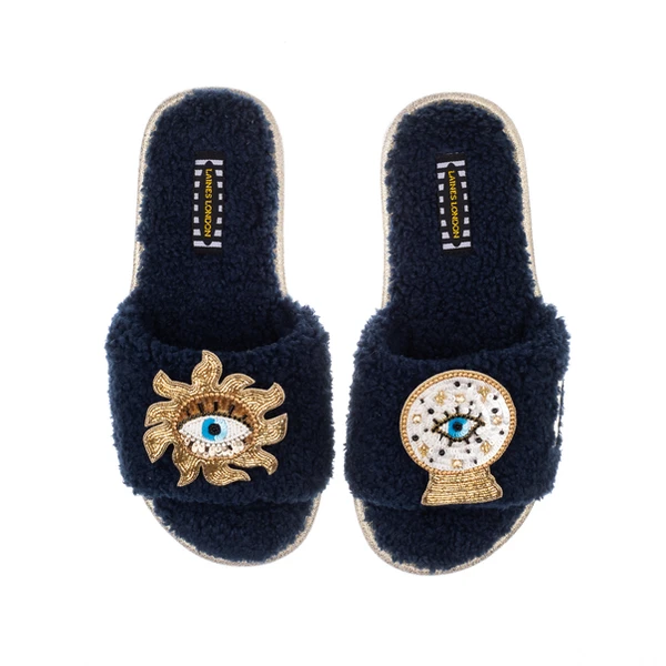 Laines London Teddy Towelling Slipper Sliders With Mystic Eyes Brooches