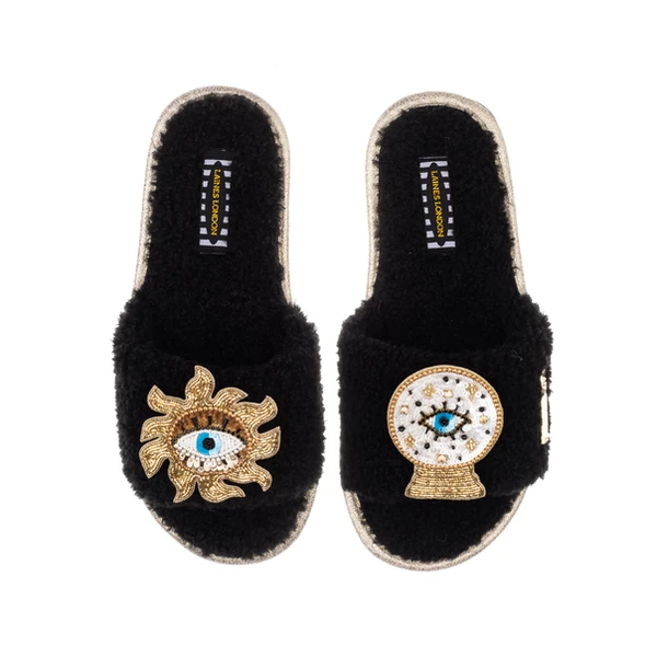 Laines London Teddy Towelling Slipper Sliders With Mystic Eyes Brooches
