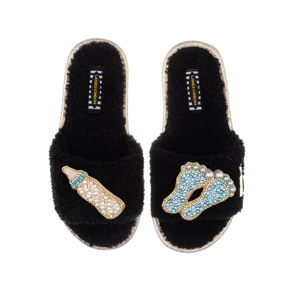 Laines London Teddy Towelling Slipper Sliders With New Baby Boy Brooches